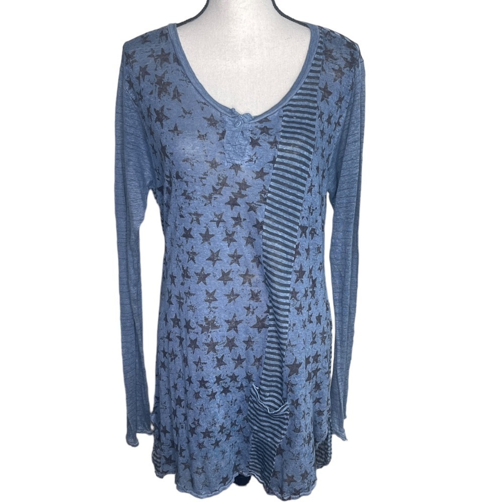 Pete & Greta / Johnny Was Blue Henley Raglan Oversized Stars and Stripe Shirt XS